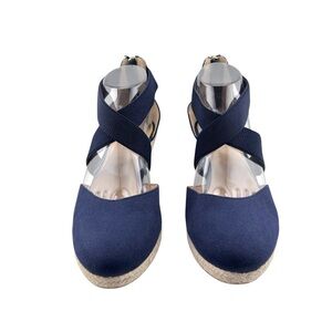 Talbots Lyndsay D'Orsay Espadrille Wedge Shoes 9.5 Blue Canvas Coastal Preppy
